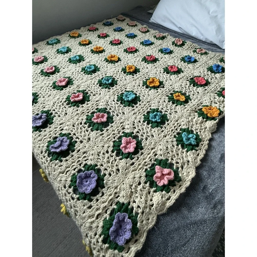 Vintage Handmade Crochet Afghan Throw 3D Popcorn Flowers Floral Cottagecore